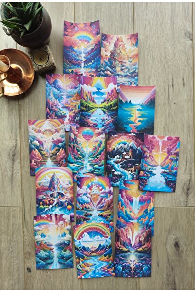 Mona Craftist 15 Adet Gökkuşağı Temalı Manzara Yapay Zeka Scrapbook Kağıt Set...