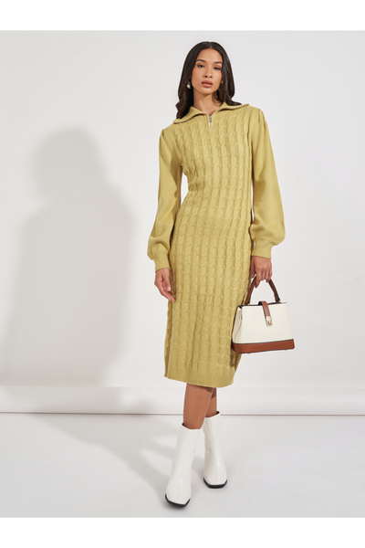 Styli Chunky Knit Zipped Collar Sweater Midi Dress