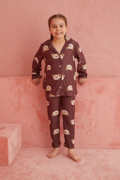 ELİTOL Kahverengi Ayı Desenli Önden Düğmeli Süet Pijama Takım