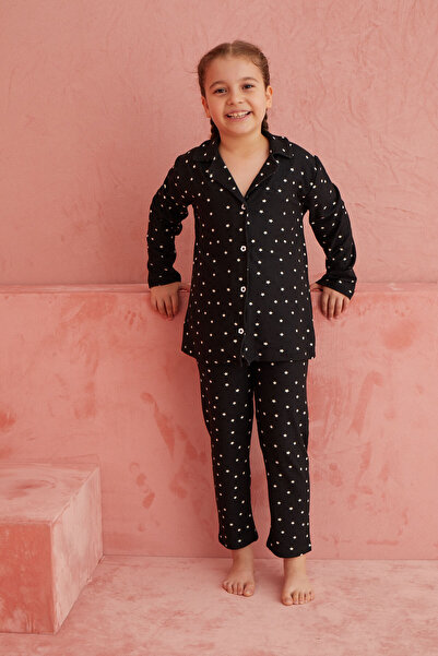 ELİTOL Set de pijamale din piele intoarsa cu nasturi in fata cu model stea neagra