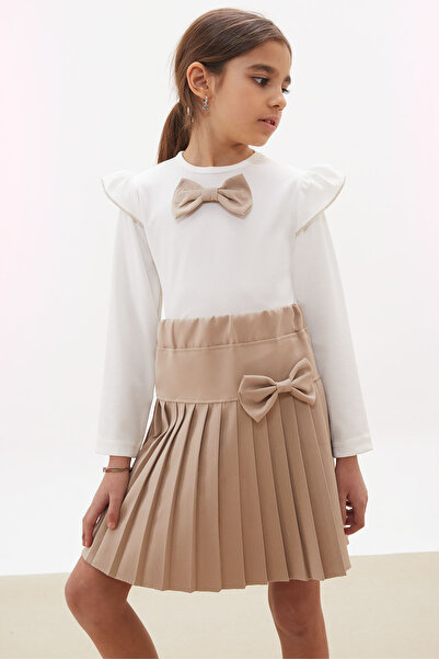 Cansın Mini Cream Pleated Skirt Long Sleeve Badi Girl's Dress Set 17740