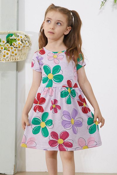 Cansın Mini Short Sleeve Lilac Flower Patterned Girl's Dress - 18794