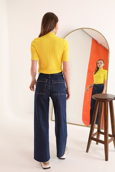 Cream Knitwear Fabric Fisherman Ribbed Women's Blouse-Yellow
