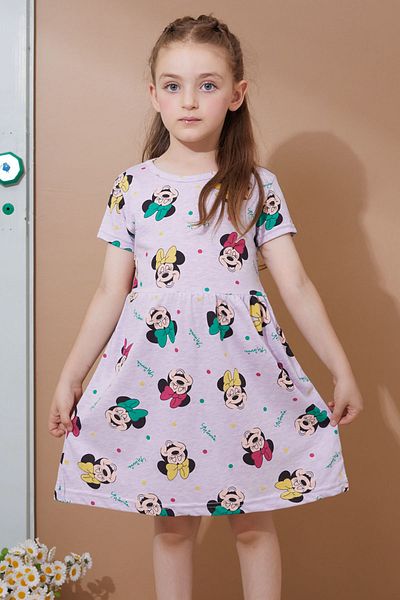 Cansın Mini Lilac Printed Short Sleeve Girl's Summer Dress - 18987