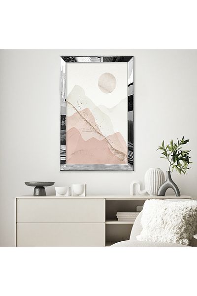 Zevahir Mobilya Dekorasyon Pictură unică din MDF cu cadru din plexiglas cu oglindă argintie în stil boem, tonuri pastel, peisaj de munte