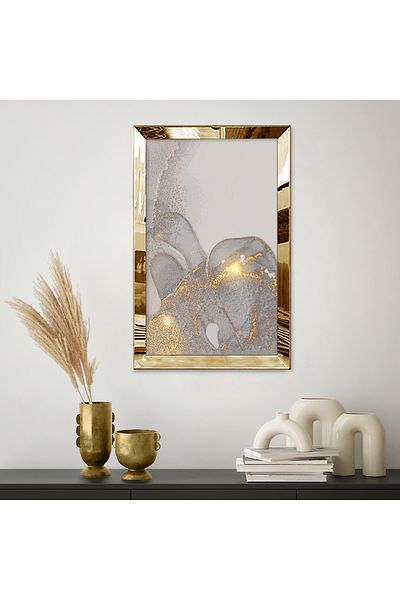 Zevahir Mobilya Dekorasyon Masă unică din MDF cu design abstract minim, gri și auriu, cu cadru din plexiglas cu oglindă aurie