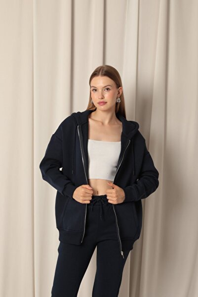 Store Three Thread Kangaroo Pocket Zippered Hooded Women's Navy Blue Sweat