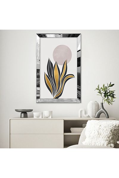 Zevahir Mobilya Dekorasyon Χρυσό και μαύρο Minimal Elegant Leaves Μονό Τραπέζι MDF με ασημί καθρέφτη πλαίσιο από πλεξιγκλάς