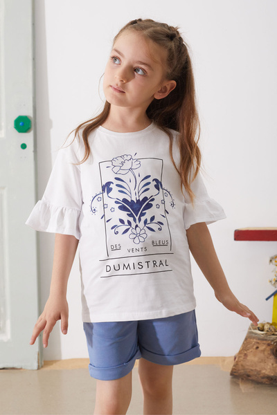 Cansın Mini Дівчачий комплект з принтом квітів індиго - шорти з поясом 18898