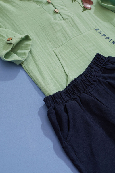 Cansın Mini Khaki Palm Printed Kangaroo Pocket Baby Boy Shorts Set 18518