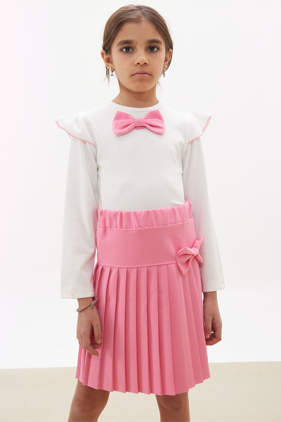 Cansın Mini Pink Pleated Skirt Long Sleeve Badi Girl's Dress Set 17741