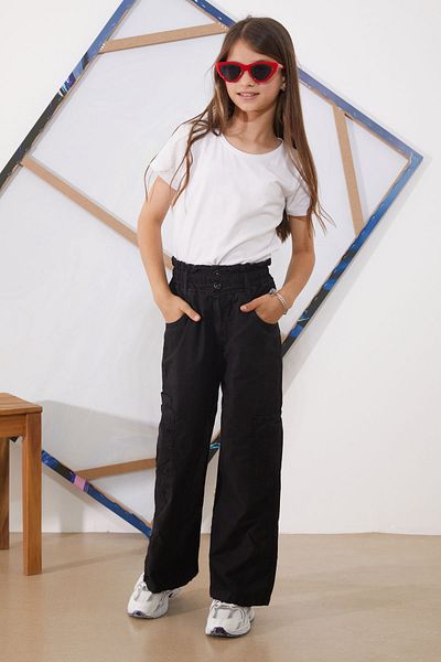 Cansın Mini Black Girl's Parachute Pants with High Waist and Double Pockets - 18927