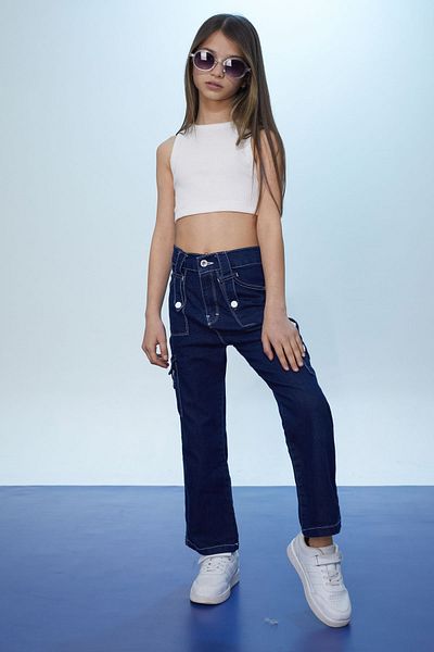 Cansın Mini Pantaloni pentru fetiță cu cusătură albă cu buzunar cargo cu talie înaltă bleumarin 18366