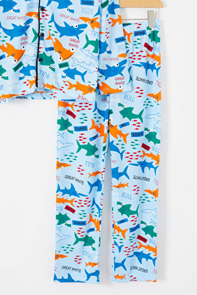 Cansın Mini Mavi Balık Baskılı Düğmeli Erkek Çocuk Pijama Takımı 18672