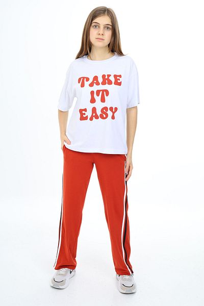 Cansın Mini White Text Printed Short Sleeve Girl's Suit 17954
