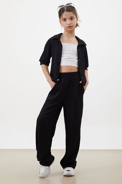 Cansın Mini Girl's Black Cropped Shirt with Trousers, Top and Bottom Set 18411