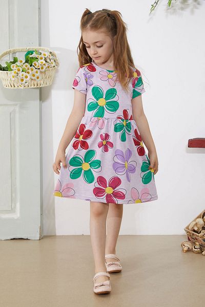Cansın Mini Short Sleeve Lilac Flower Patterned Girl's Dress - 18794
