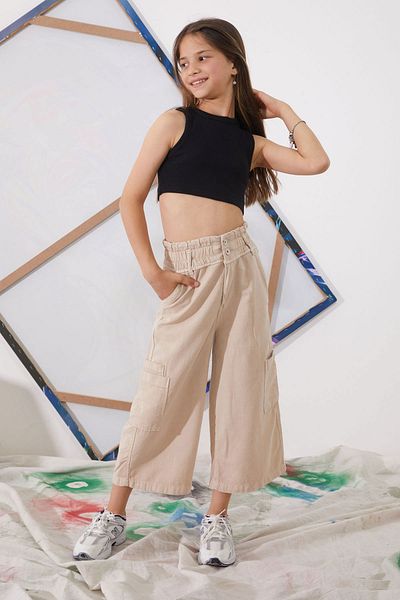 Cansın Mini High Waist Beige Dobby Girl's Trousers - 18924