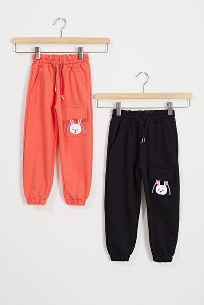 Cansın Mini بنطال رياضي بناتي بطبعة أرنب وجيب مكون من قطعتين أسود-برتقالي 18436