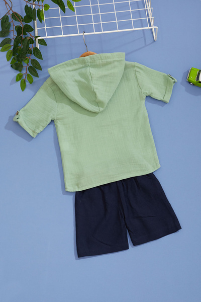 Cansın Mini Khaki Palm Printed Kangaroo Pocket Baby Boy Shorts Set 18518