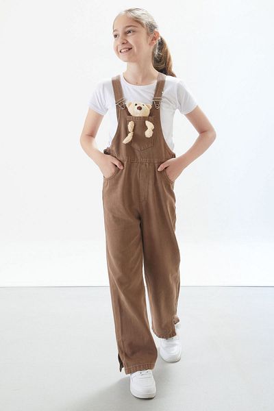 Cansın Mini Brown Teddy Bear Pocket Slit Girl's Overalls 17712