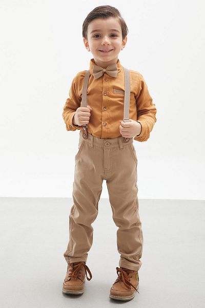 Cansın Mini Mustard Shirt and Suspender Trousers Boys' Bow Tie Suit 18128