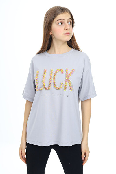Cansın Mini Gray Luck Lettered Crew Neck Girl's T-Shirt 17805