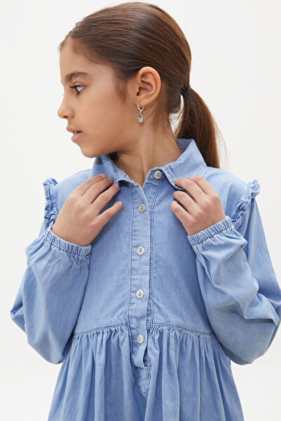 Cansın Mini Rochie pentru fetiță, cu mâneci lungi, cu mâneci albastre, cu volane, cu nasturi 17932