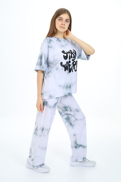 Cansın Mini Gray Tie-Dye Patterned Short Sleeve Girl's Suit 17946