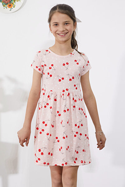 Cansın Mini Καλοκαιρινό φόρεμα για κορίτσια Salmon Cherry Printed - Κοντό μανίκι 18785