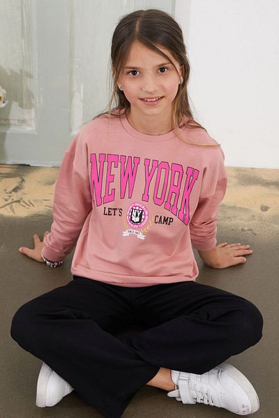 Cansın Mini NewYork Written Dark Pink Girls' Set - Bottom Top Set 18582