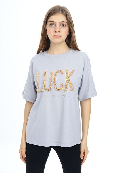 Cansın Mini Γκρι Luck Written Crew Neck T-shirt για κορίτσια 17805