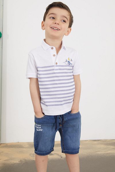 Cansın Mini White Striped Polo Collar T-Shirt with Jean Shorts Boy's Set 18748