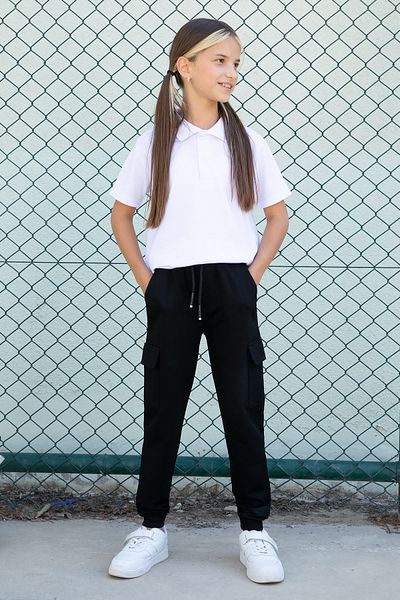Cansın Mini Girl's Dark Navy School Sweatpants - Elastic Waist, Cargo Pocket - 19195