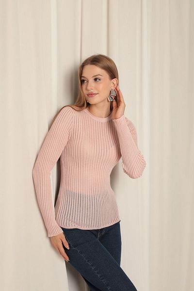 Cream Knitwear Fabric Spring Crew Neck Women's Powder Blouse