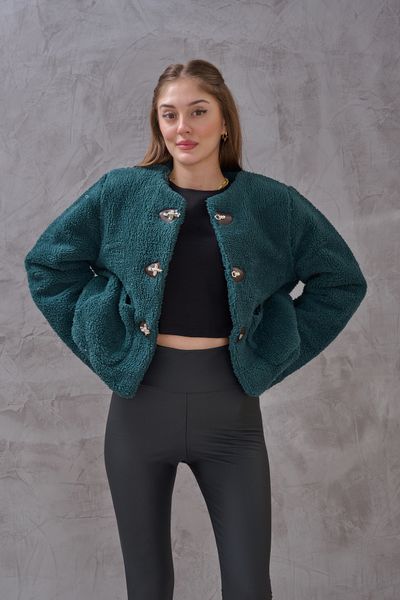 SHUGAA Women's Pocket Toggle Button Detail Plush Design Coat