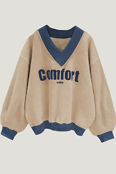 Trendseninle Kadın 3 Iplik Vizon Comfort In Paris Baskılı V Yaka Oversize Sweatshirt