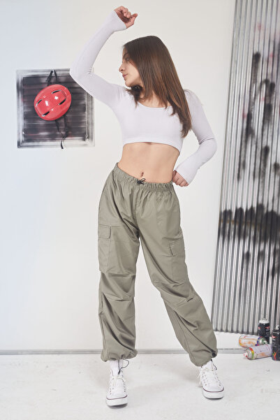 Cansın Mini Haki Lastikli Paça Kargo Cepli Kız Çocuk Paraşüt Pantolon 17563