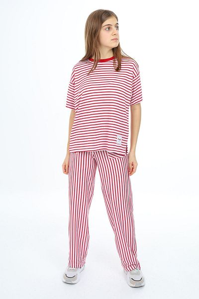 Cansın Mini Red Short Sleeve Striped Girl's Suit 17981