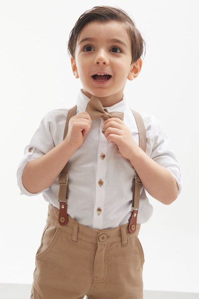 Cansın Mini Λευκό πουκάμισο και κρεμαστό παντελόνι για αγόρι παπιγιόν 18130