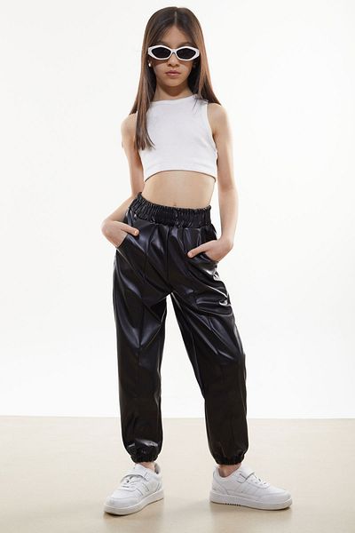 Cansın Mini Black Elastic Waist Jogger Model Girl Leather Trousers 18049