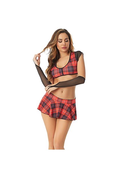 Cooqpoo Red Black S/M-L/Xl Size Checked Sleeve Garter Suit