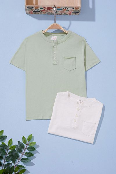 Cansın Mini Khaki-Ecru 2-Piece Short Sleeve T-Shirt Set for Baby Boy - Buttoned and Collared 19091