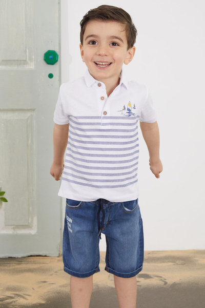 Cansın Mini White Striped Polo Collar T-Shirt with Jean Shorts Boy's Set 18748