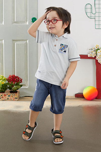 Cansın Mini Blue Skate Printed Polo Collar Boy's Jean Shorts Set 18742