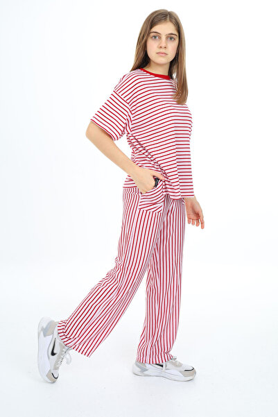 Cansın Mini Kırmızı Kısa Kollu Çizgili Kız Çocuk Takım 17981
