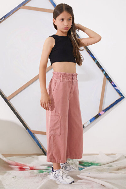 Cansın Mini High Waist Pink Dobby Girl's Trousers - 18925