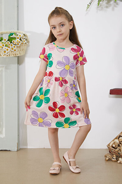 Cansın Mini Κοριτσίστικο κοντομάνικο φόρεμα με φλοράλ στάμπα - 18795