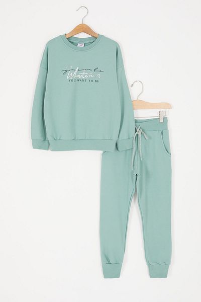 Cansın Mini Green Text Printed Raised Girls Tracksuit Set 16929
