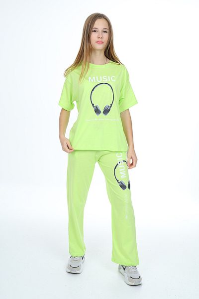 Cansın Mini Green Music Text Printed Girl's Suit 17897
